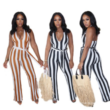 L56347 Wholesale New Style Women Sexy Casual Colorful Striped Print Halter Jumpsuit